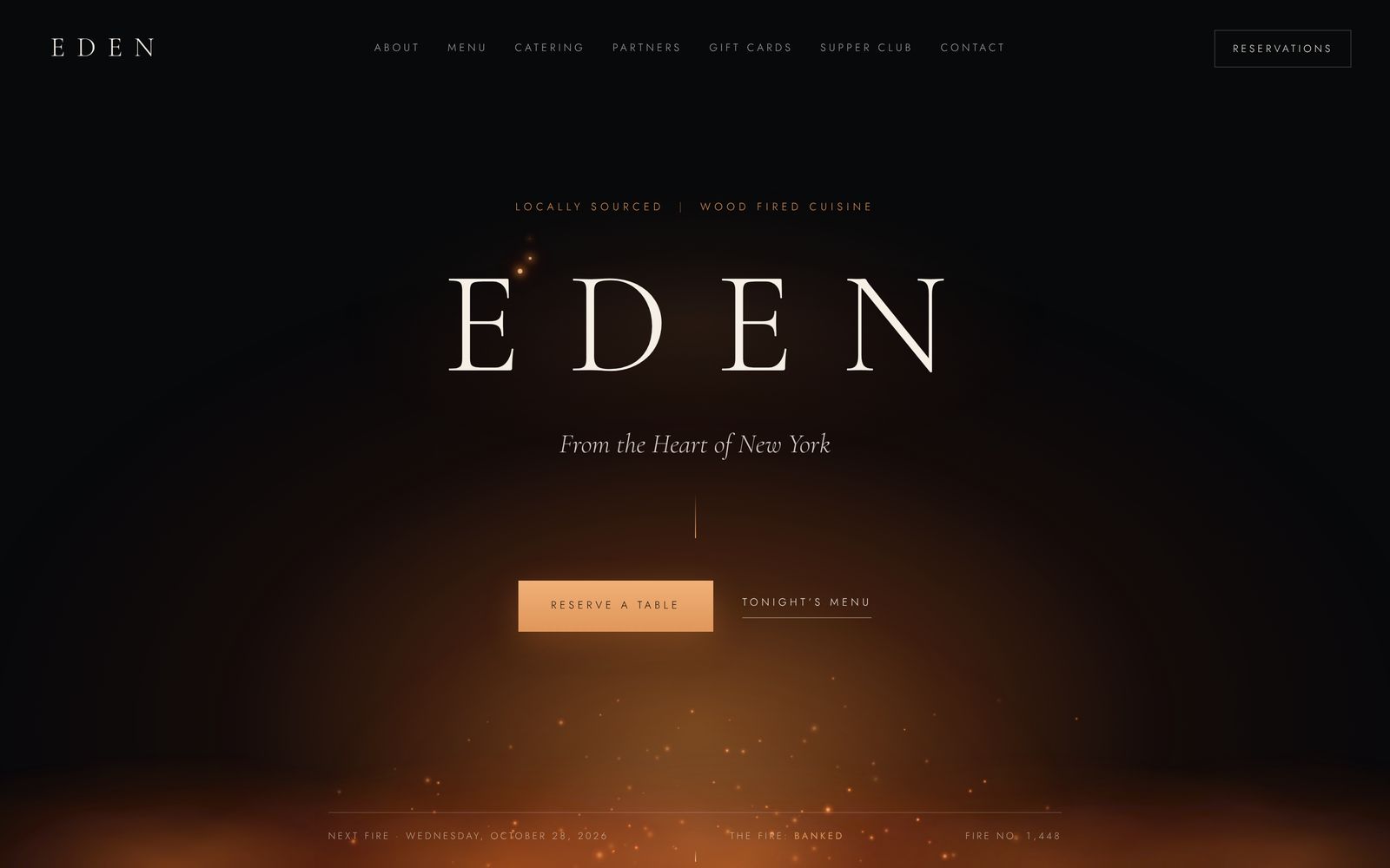Eden's homepage: the EDEN wordmark over a dark hearth, with a status line along the bottom showing the next fire, the fire's state and a running count