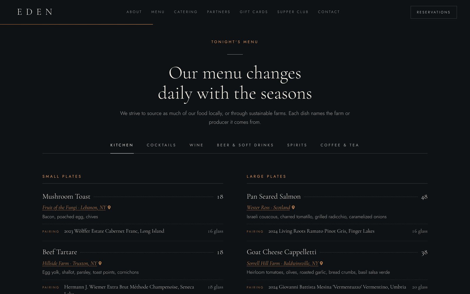 Eden's menu page: dishes with prices, the farm each comes from, and a wine pairing by the glass