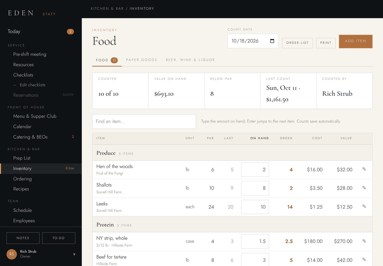 Eden staff site: the food inventory with par levels, on-hand counts, order amounts and value
