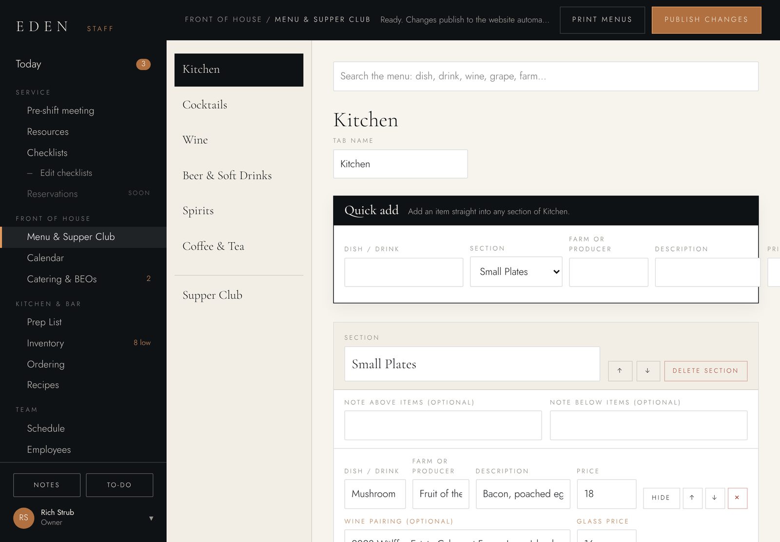 Eden staff site: the menu editor, with the Kitchen menu open for editing