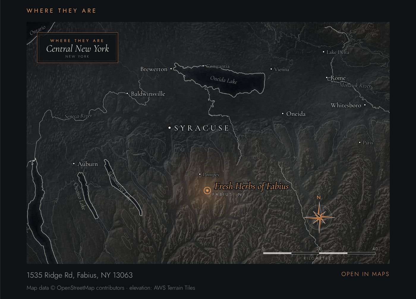 Eden's website: a partner story window for Fresh Herbs of Fabius, with an engraved map of Central New York pinned at the farm